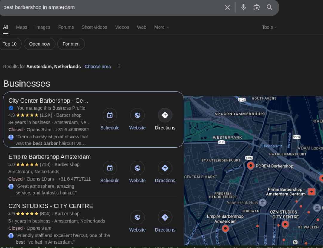 Google Business Profile map pack results